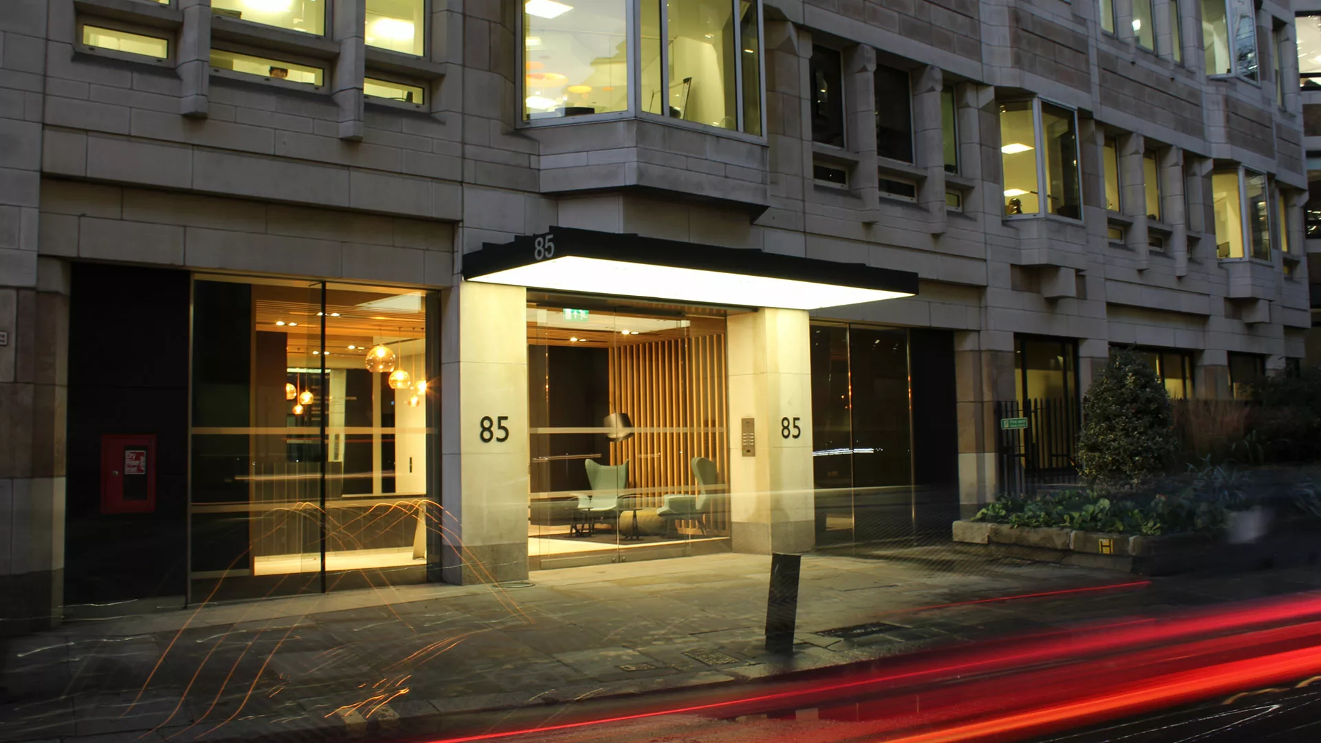 85 london wall | Bespoke Exterior canopy lighting | LED panel lighting | The Light Lab