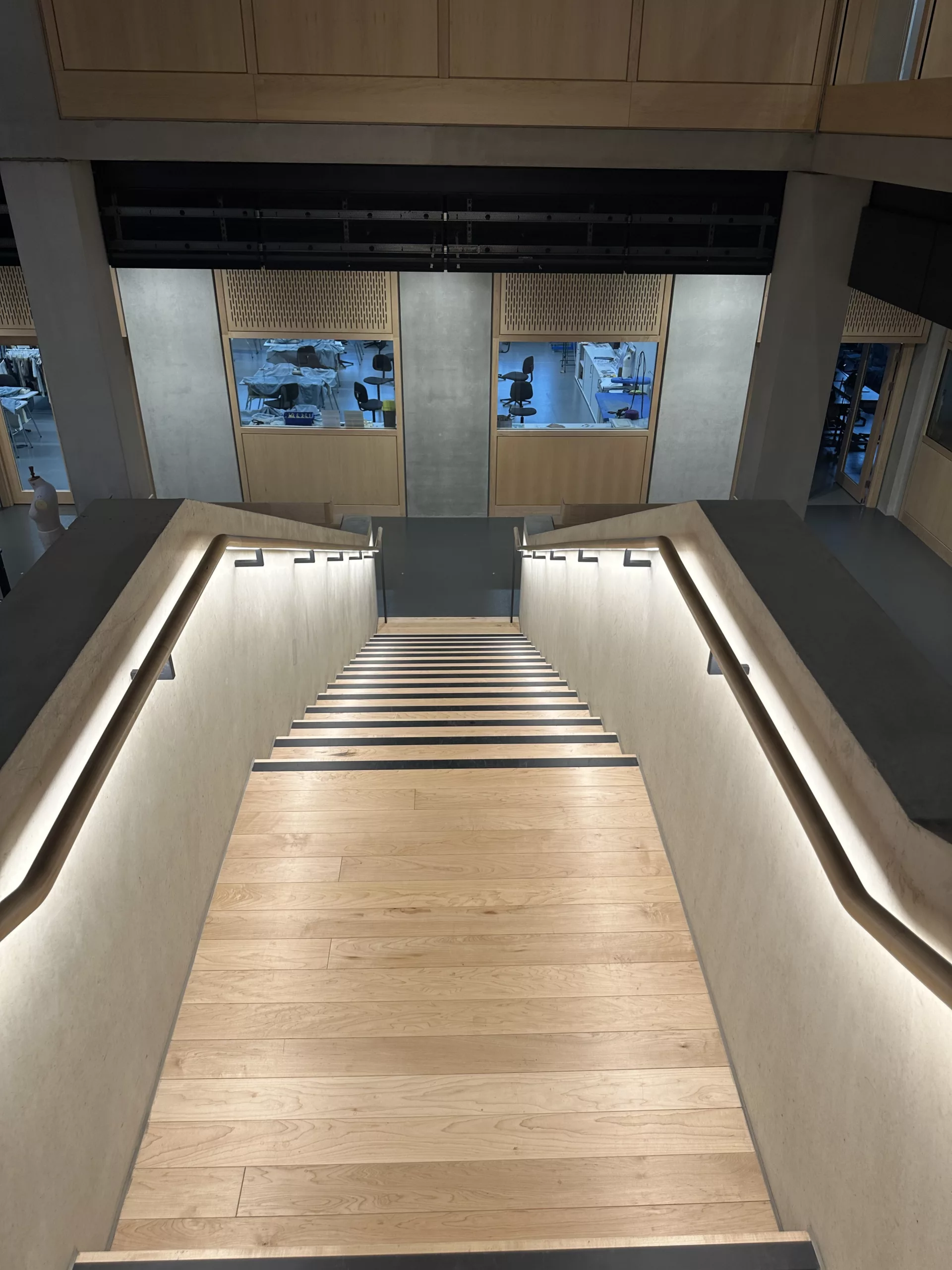 London College of Fashion, Stratford Waterfront | bespoke timber LED handrail | The Light Lab