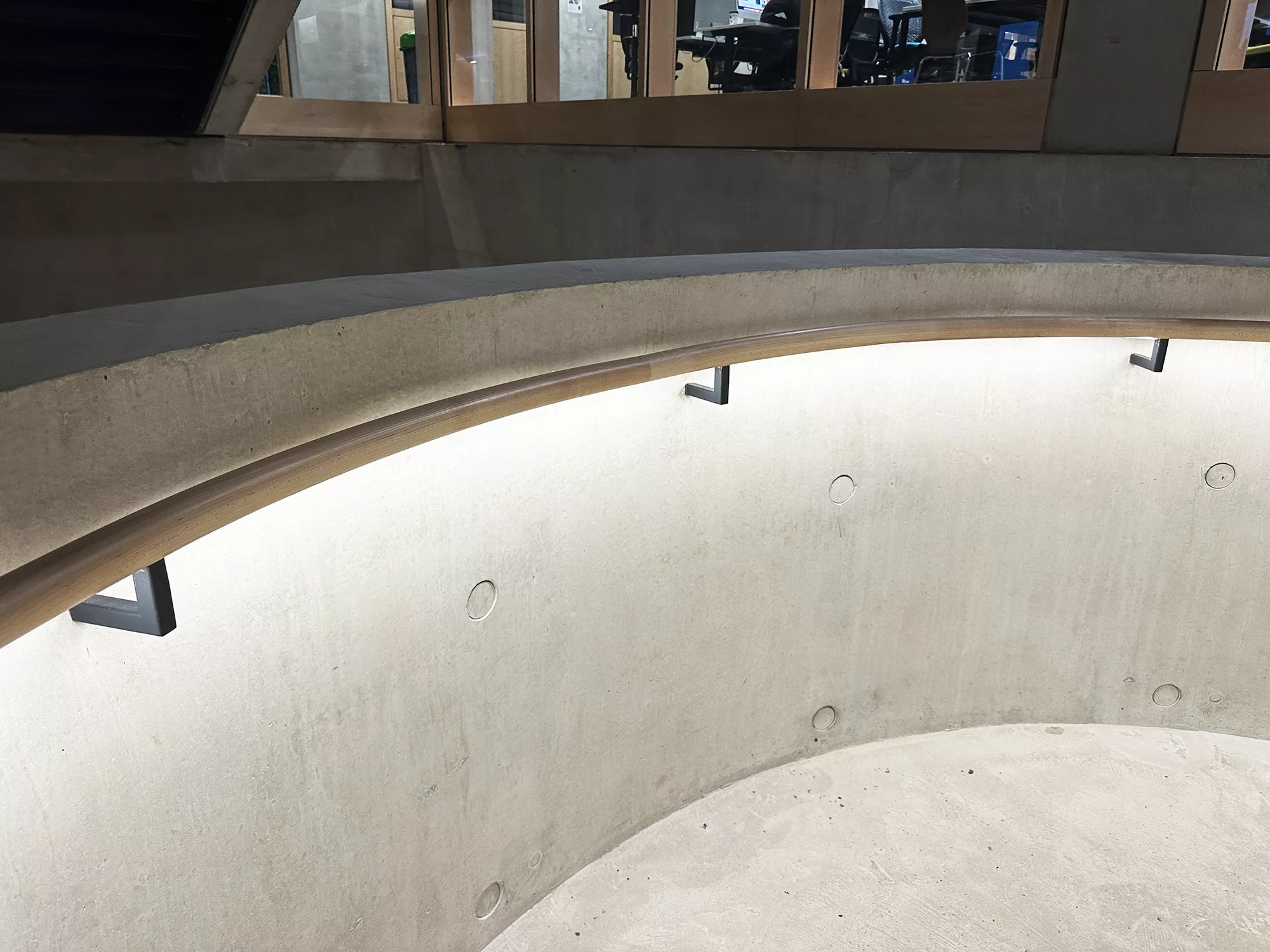 London College of Fashion, Stratford Waterfront | bespoke timber LED handrail | The Light Lab