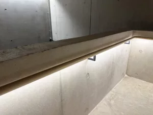 London College of Fashion, Stratford Waterfront | bespoke timber LED handrail | The Light Lab