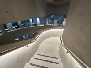 London College of Fashion, Stratford Waterfront | bespoke timber LED handrail | The Light Lab