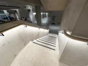 London College of Fashion, Stratford Waterfront | bespoke timber LED handrail | The Light Lab