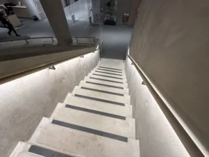 London College of Fashion, Stratford Waterfront | bespoke timber LED handrail | The Light Lab