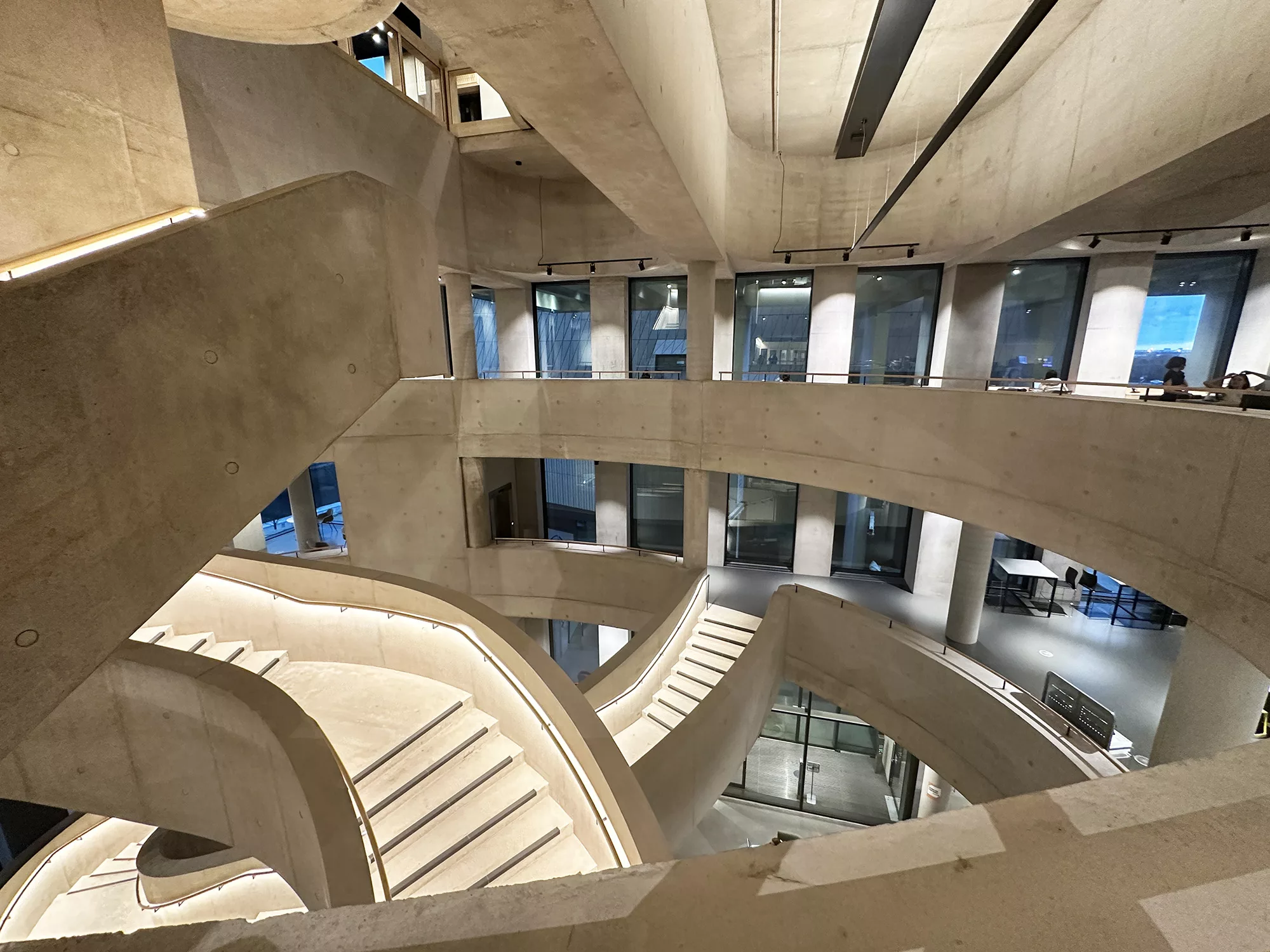 London College of Fashion, Stratford Waterfront | bespoke timber LED handrail | The Light Lab