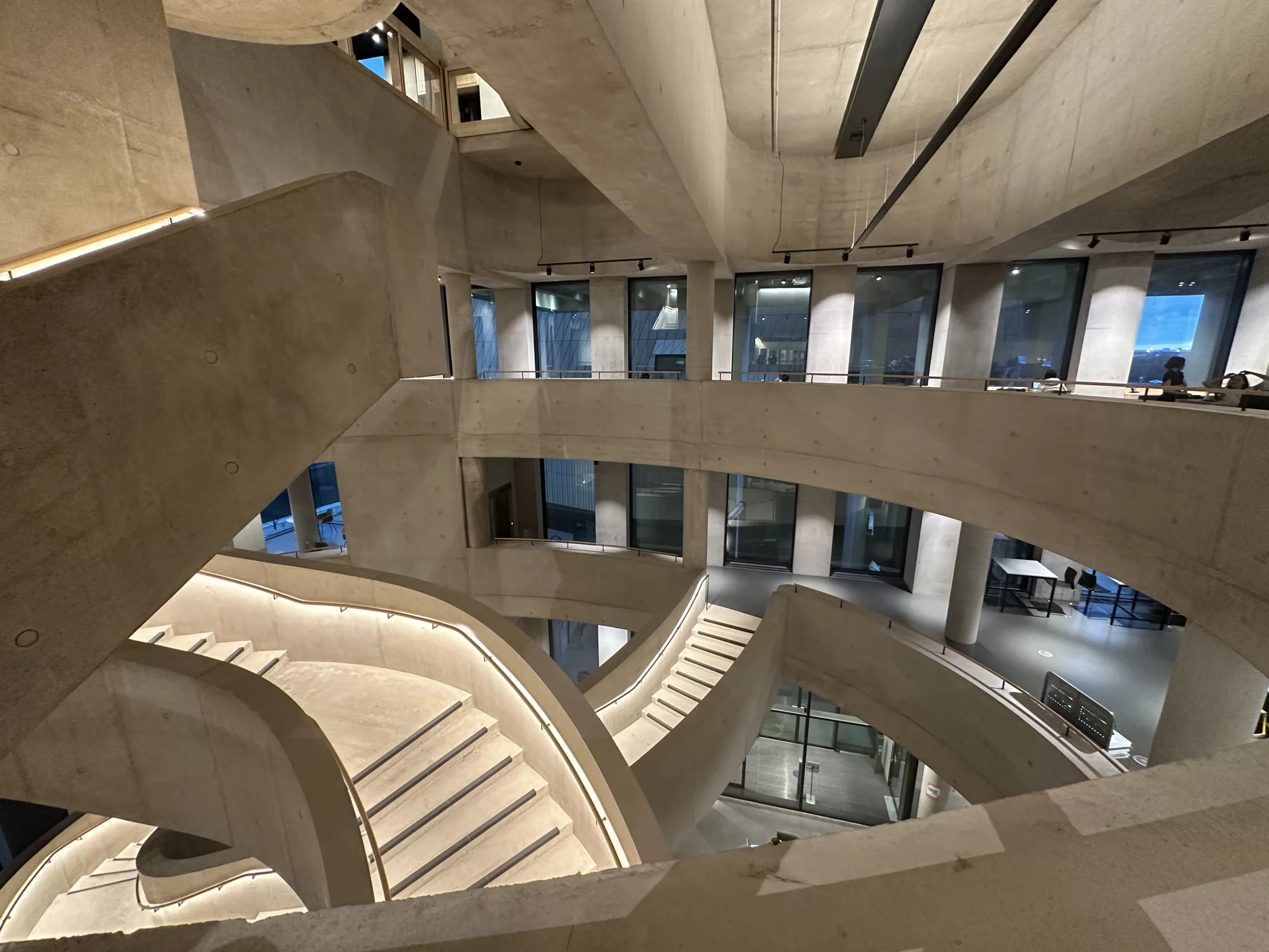 London College of Fashion, Stratford Waterfront | bespoke timber LED handrail | The Light Lab