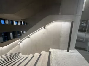 London College of Fashion, Stratford Waterfront | bespoke timber LED handrail | The Light Lab