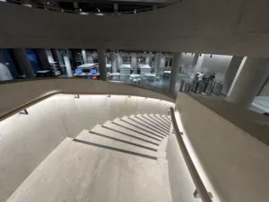 London College of Fashion, Stratford Waterfront | bespoke timber LED handrail | The Light Lab
