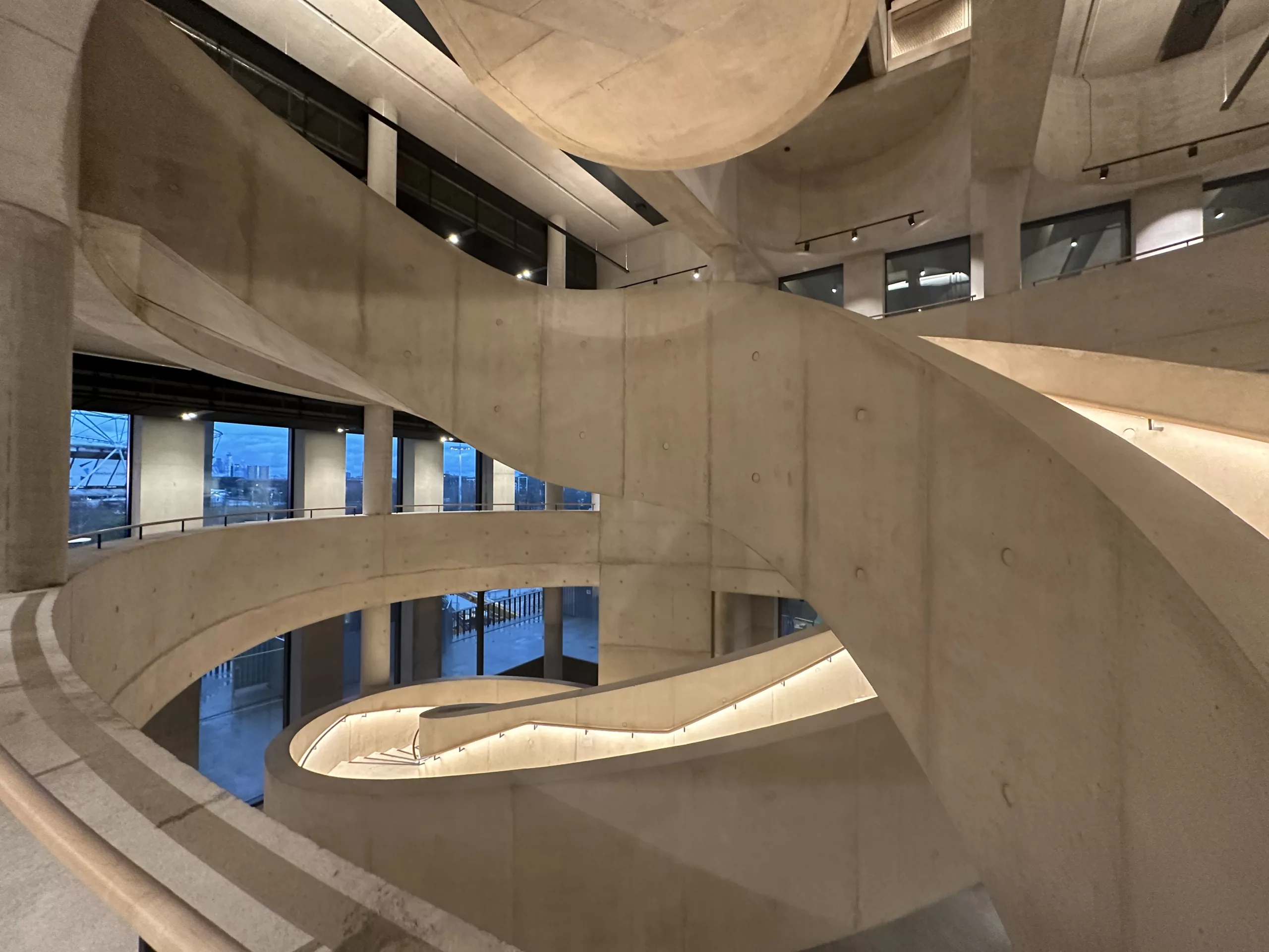 London College of Fashion, Stratford Waterfront | bespoke timber LED handrail | The Light Lab