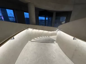 London College of Fashion, Stratford Waterfront | bespoke timber LED handrail | The Light Lab