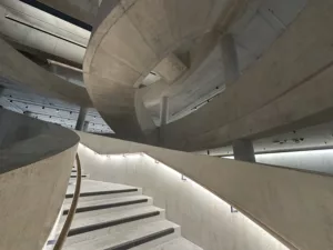 London College of Fashion, Stratford Waterfront | bespoke timber LED handrail | The Light Lab