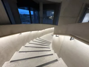 London College of Fashion, Stratford Waterfront | bespoke timber LED handrail | The Light Lab
