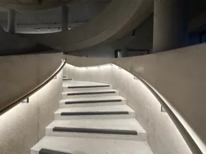 London College of Fashion, Stratford Waterfront | bespoke timber LED handrail | The Light Lab