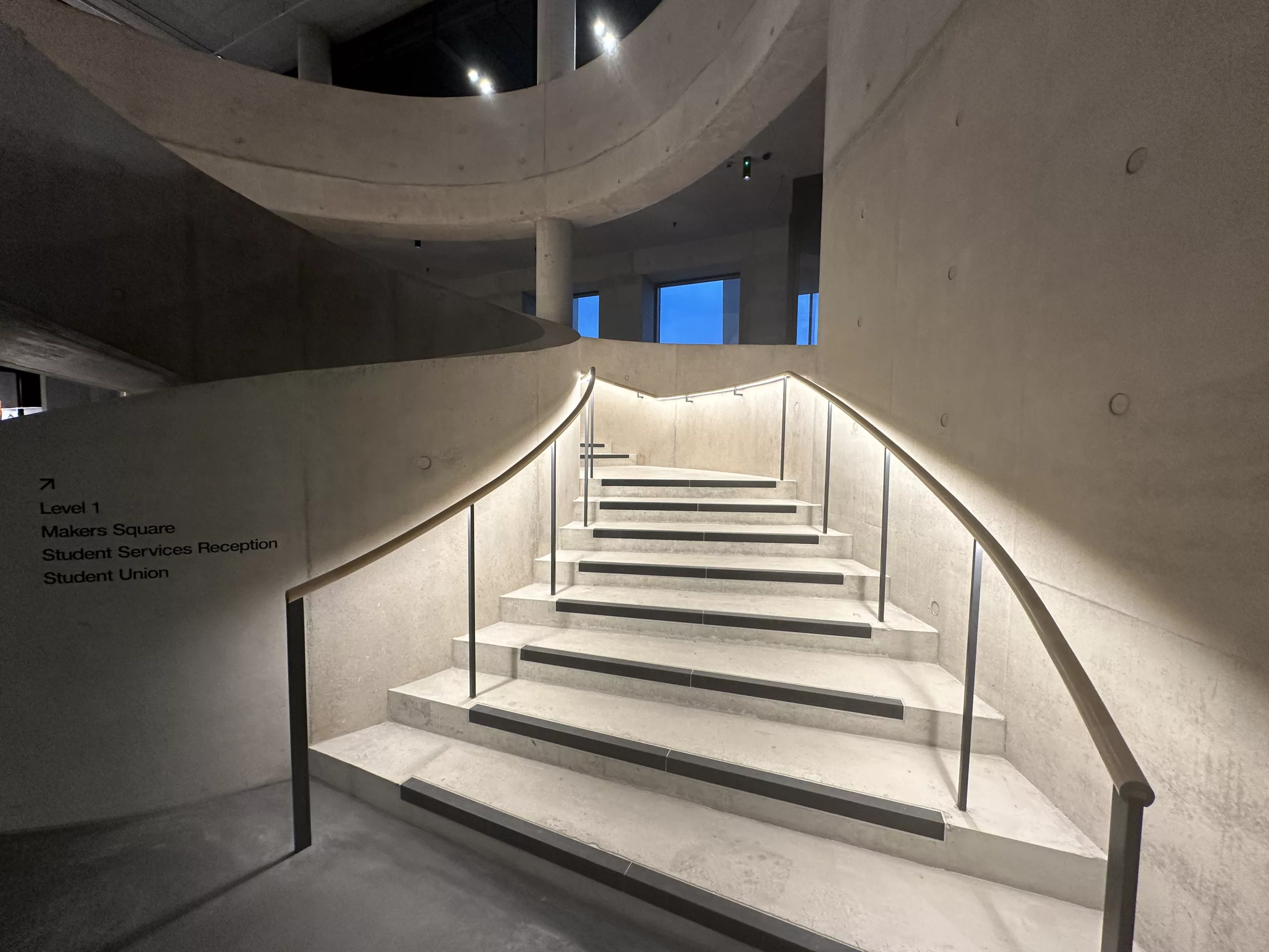 London College of Fashion, Stratford Waterfront | bespoke timber LED handrail | The Light Lab