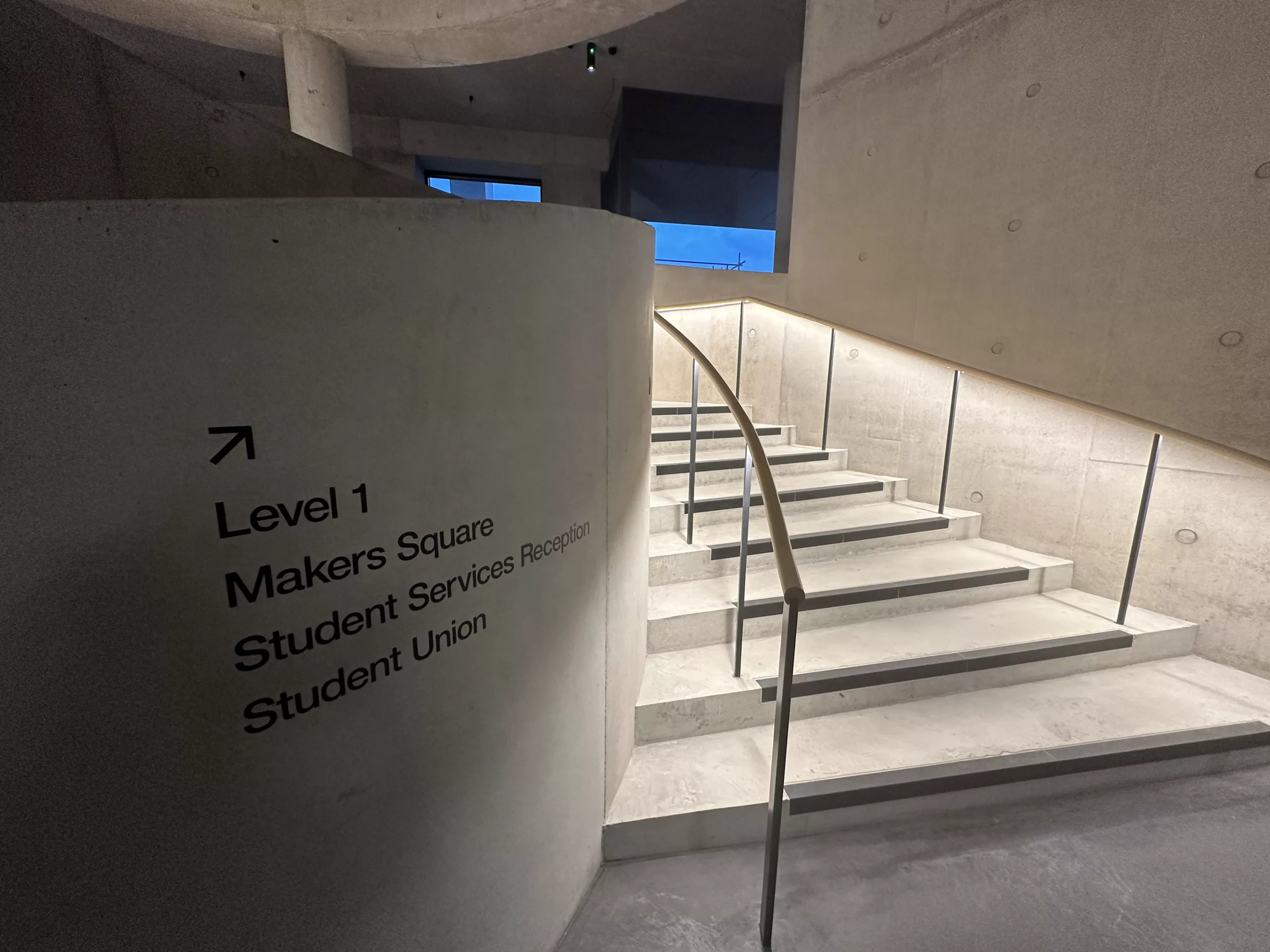 London College of Fashion, Stratford Waterfront | bespoke timber LED handrail | The Light Lab