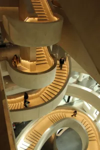 London College of Fashion, Stratford Waterfront | bespoke timber LED handrail | The Light Lab