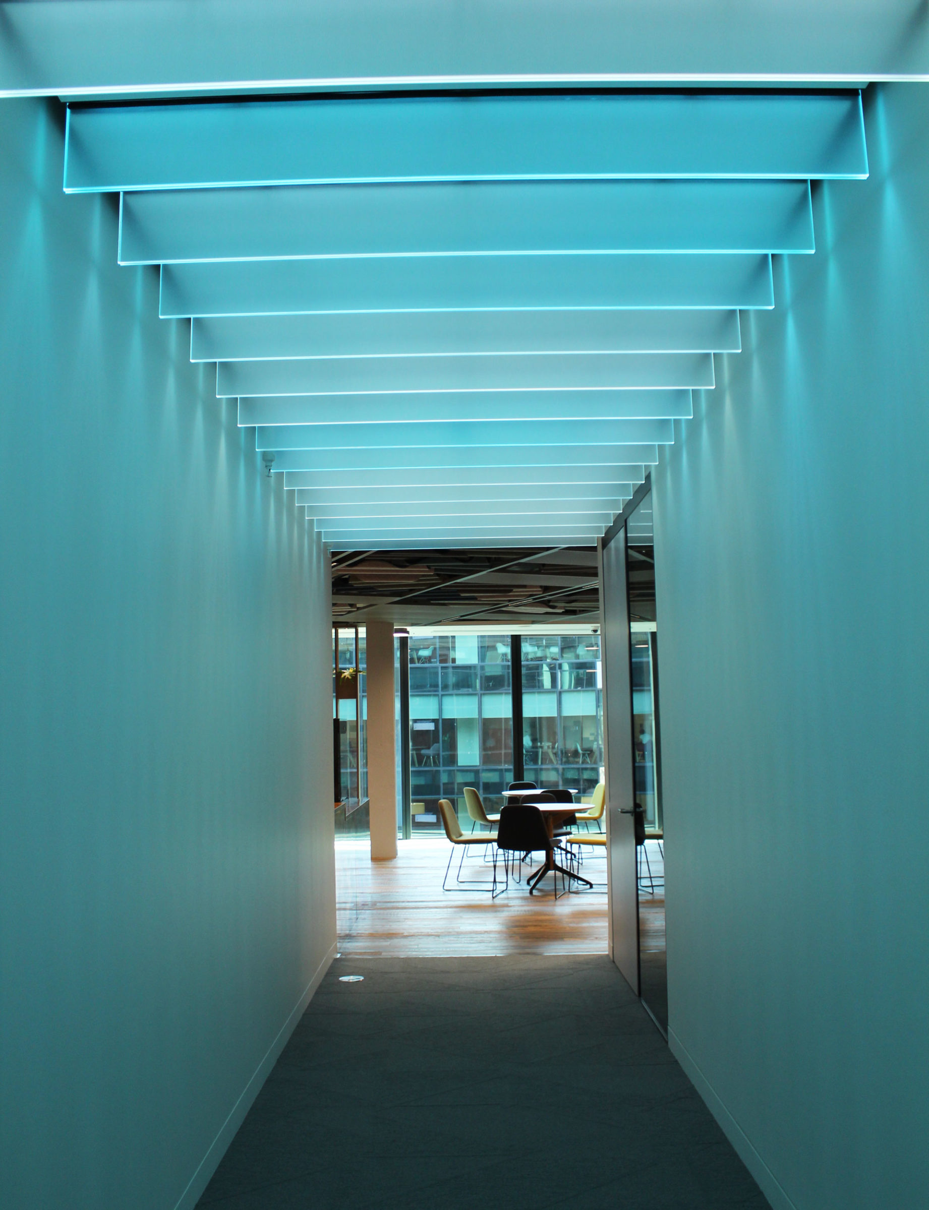 Bespoke glass fin SPI controlled ceiling light feature | Bespoke lighting design | The Light Lab