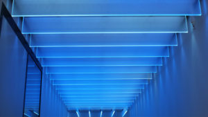 Bespoke glass fin SPI controlled ceiling light feature | Bespoke lighting design | The Light Lab