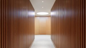 circular coffer lighting transition space timber walls nulty